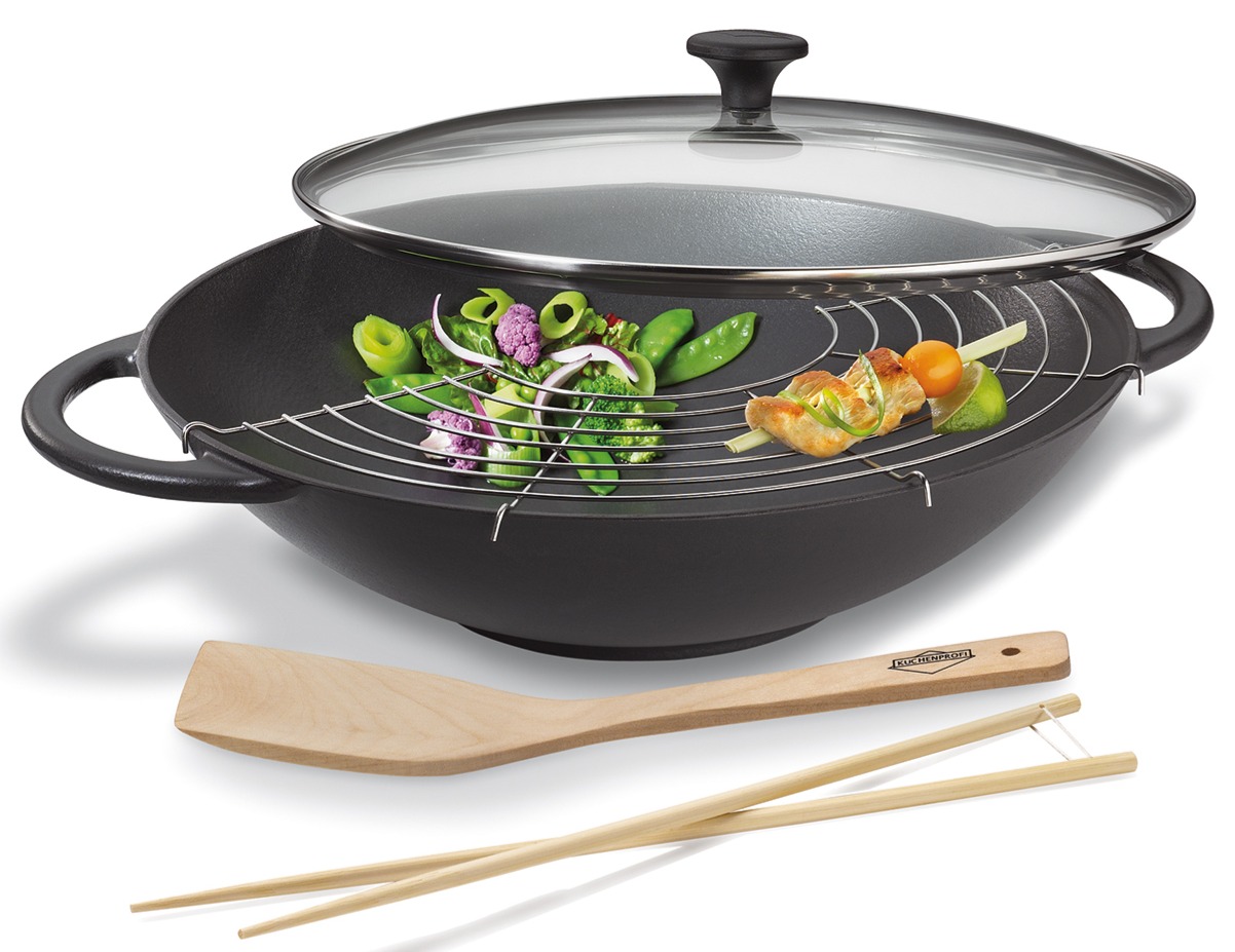 0415001037_Litinová wok pánev včetně hůlek, stěrky a odkapávací mřížky od Kuchenprofi (4)